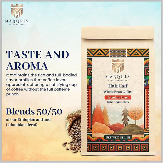 Marquis - Half Caff Coffee, Rich Blend of Half Ethiopian Yirgacheffe & Colombian Decaf Coffee Beans, Fresh Dark Roast with a Fruity Flavor, Premium Half Caff - 1 lb