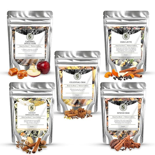 Nelson's Tea Chai Sampler Pack - 5 Flavors Variety Pack - Loose Leaf Tea Sampler - Caramel AppleChai, Celestial Chai, Chai Latte, Coconut ChocolateChai, Spiced Chai - Sample Sizes