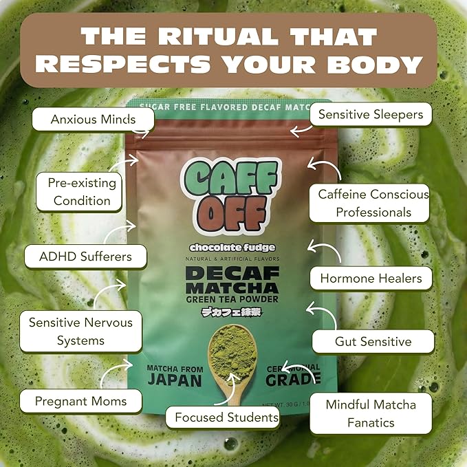 Caff Off Decaf Chocolate Matcha Green Tea Powder From Japan – 1.06 oz / 30 g – Ceremonial Grade & Sugar-Free – No Fillers or Milk Powders – Naturally Decaffeinated Without Chemicals – Tested for Heavy Metals – First Harvest, Shade-Grown & Caffeine-Free...