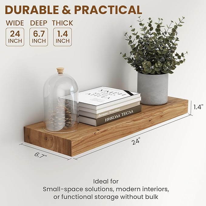 Fun Memories Wood Floating Shelves 24 Inch Long, Rustic Elm Wood Wall Shelves for Farmhouse, Living Room, Kitchen, Wall Mounted Bathroom Shelf Floating Shelf with Invisible Bracket Set of 2, Natural