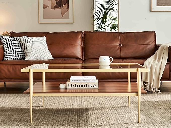 Shrine Rectangle Coffee Table, Mid-Century Modern Design, 2-Tier Structure, Clear Glass Top and Walnut MDF Shelf, 39.4" D x 21.6" W x 17.3" H, Sleek Conical Metal Legs with Gold Finish
