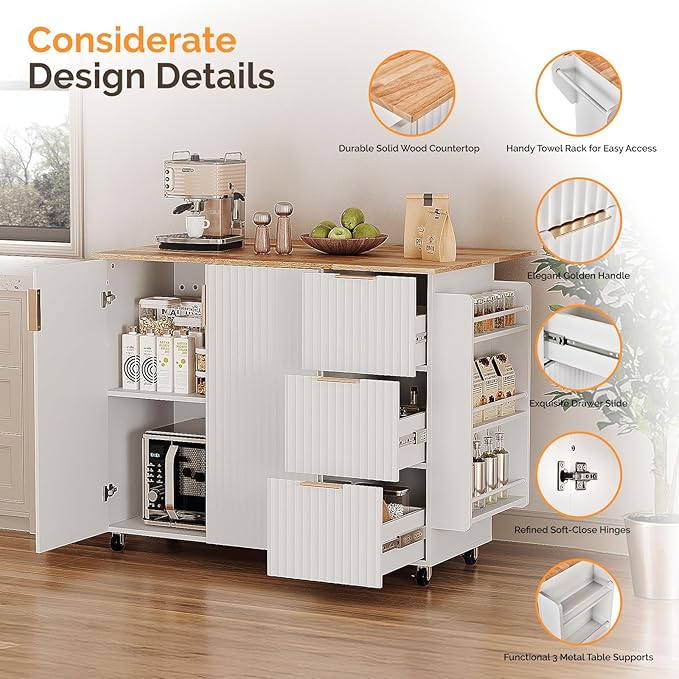 VINGLI Fluted Kitchen Island Cart on Wheels with Storage, Folding Rolling Kitchen Island with Drawers, Small Portable Island Table with Extendable Rubber Wood Top, White