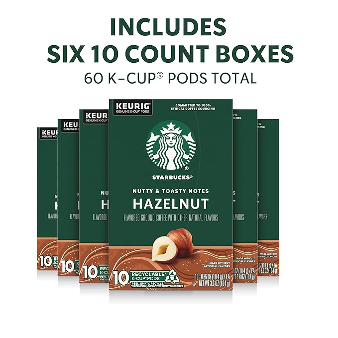 Starbucks K-Cup Coffee Pods, Flavored Hot or Iced Coffee, Hazelnut, 60 Keurig Pods