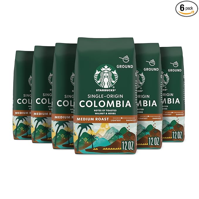Starbucks Ground Coffee, Medium Roast Hot or Iced Coffee, Single-Origin Colombia, Six 12 oz Bags
