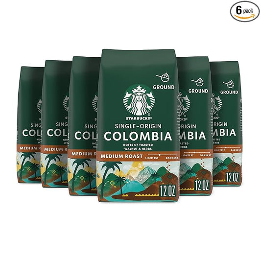 Starbucks Ground Coffee, Medium Roast Hot or Iced Coffee, Single-Origin Colombia, Six 12 oz Bags