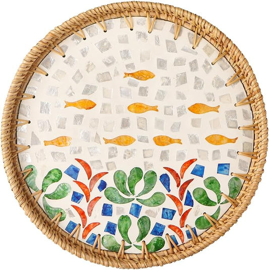 Round Rattan Tray with Mother of Pearl Inlay, Decorative Wicker Serving Tray with Wooden Base, Woven Basket Trays for Bread Fruits Coffee