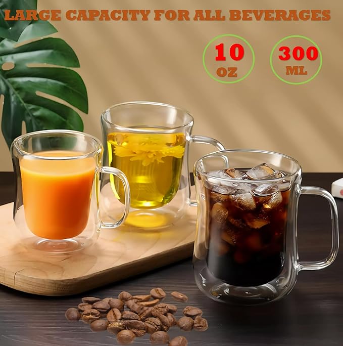 Double Walled Glass Coffee Mugs with Handles, 10 oz Clear Borosilicate Glass Slim Body Coffee Cup for Cappuccino, Tea, Latte,Milk,Wine, Hot and Cold Drinks