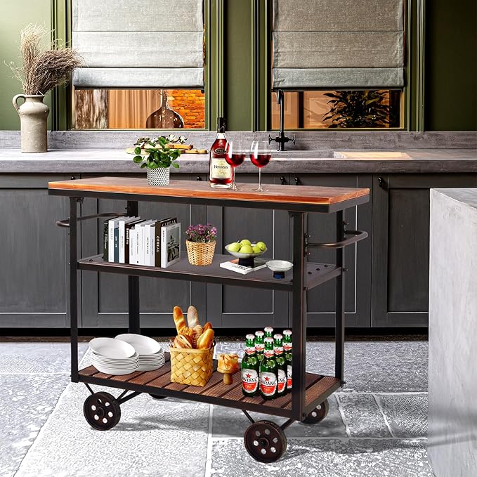 Topower Industrial Bar Cart, Serving Cart with Wheels and Handle, 3-Tier Beverage Metal Cart with Removable Tray and Storage Shelves for Living Room Kitchen, Rustic Copper