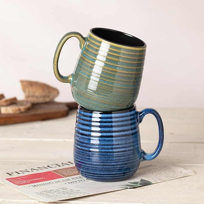 20 oz Large Ceramic Coffee Mugs set of 2, Coffee Mugs for Women and Men, Big Tea Cups, Large Handle Mug for Office and Home, Microwave and Diahwasher Safe (Blue with Stripes, 2PCS)