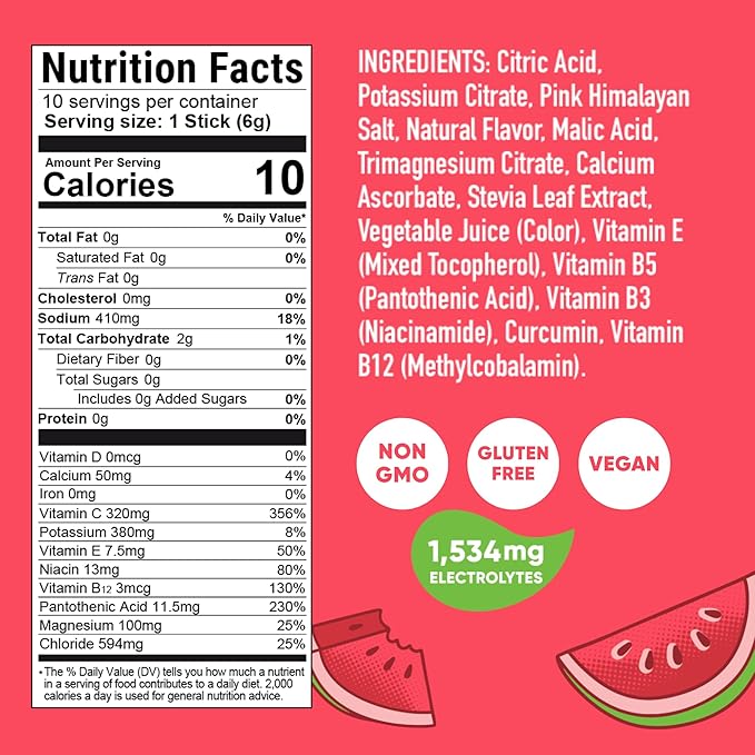 Pirq Hydration - Watermelon - Hydration Powder Packets | Electrolyte Drink Mix | Curcumin | B Vitamins | Zero Sugar | Keto Friendly | 10 Sticks