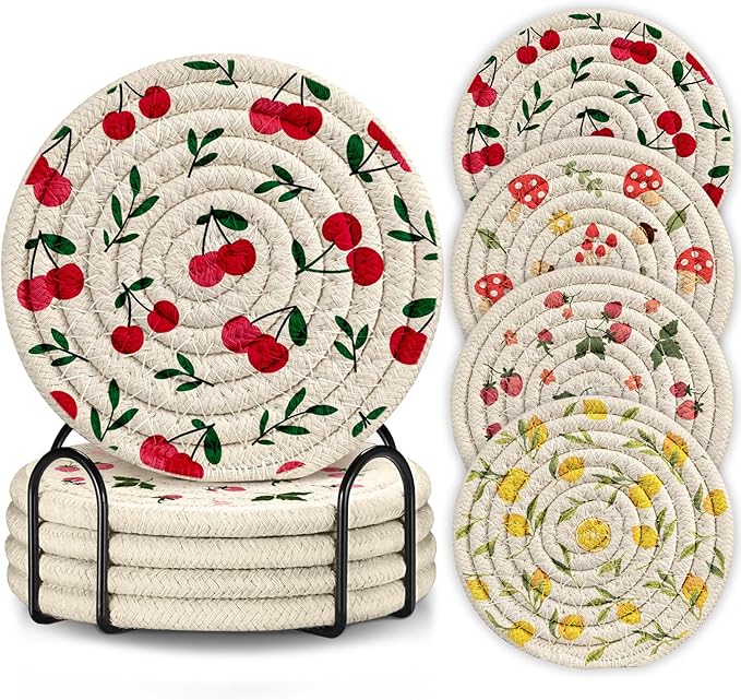 Drink Coasters Set of 4 - Cute Absorbent Cup Coasters for Drinks Coffee Table Office Home Desk Decor Soft Woven Cotton Cloth Braided Fabric Drinking Cup Mat with Holder Mushroom Cherry Fruit