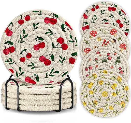 Drink Coasters Set of 4 - Cute Absorbent Cup Coasters for Drinks Coffee Table Office Home Desk Decor Soft Woven Cotton Cloth Braided Fabric Drinking Cup Mat with Holder Mushroom Cherry Fruit