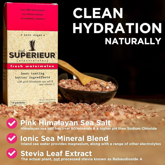 Superieur Electrolyte Powder Packets - Vegan Electrolyte Hydration Powder w/Sea Minerals - Keto Friendly, Non-GMO, Zero Sugar Electrolyte Supplement - Healthy Sports Drink - Watermelon (14 Packets)