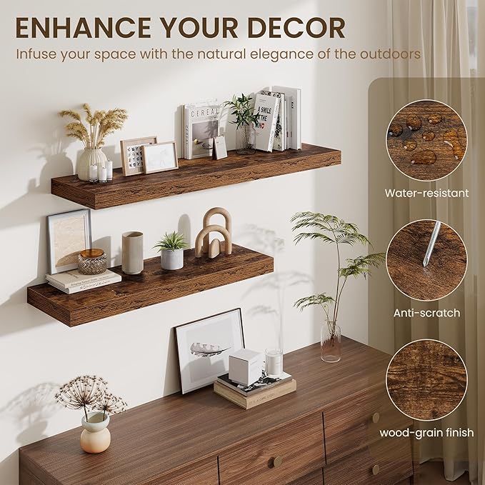 Fun Memories 12 Inch Deep Floating Shelves for Wall, 30 Inch Long Floating Shelf, 30 x 12 Shelf for Wall, Rustic Wood Bookshelves, Hanging Shelves for Bathroom Kitchen Bedroom, Rustic Brown, Set of 2