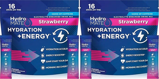 NatureWorks HydroMATE Electrolytes Powder Drink Mix Packets Hydration Accelerator Low Sugar Rapid Party Relief Recovery Vitamin C Plus Caffeine Strawberry 16 Count (Pack of 2)