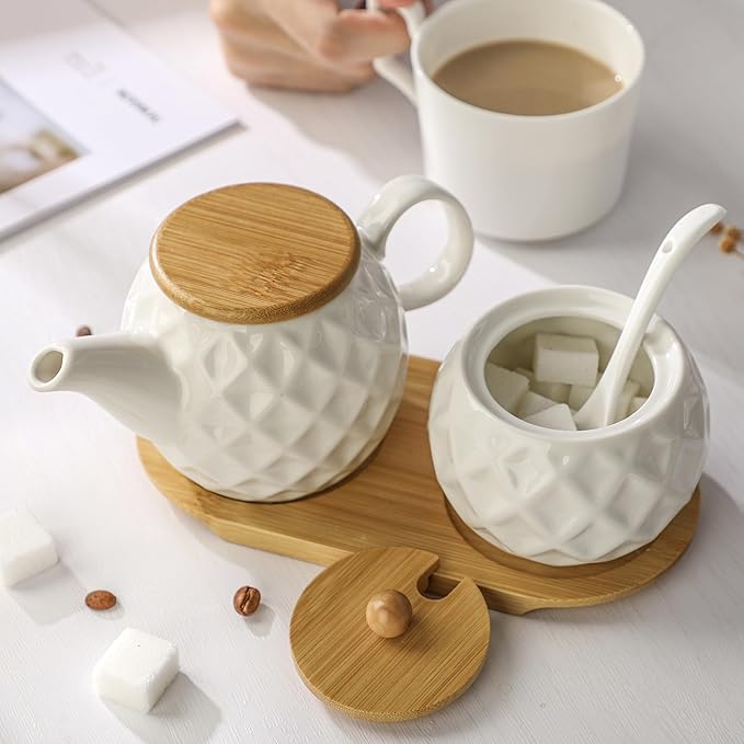 Ceramic Creamer and Sugar Sets,12oz Cream Pitcher, 7.5oz Sugar Bowl with Tray, Spoon and Lid for Cream and Sugar Spices, Condiments, Coffee Accessories,Tea