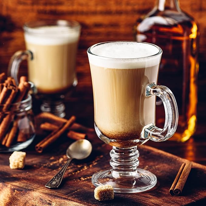 Volarium Irish Coffee Glass Mugs, Latte Cups, Set of 2 Cappuccino and Hot Chocolate Mugs with Handle, Clear Glass Cups for Hot Beverages, 7 3/4 oz