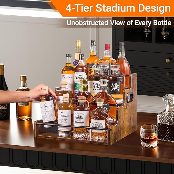 YQBRAO 4-Tier Liquor Bottle Display Shelf, Coffee Syrup Rack Organizer, Water Bottle Organizer, Mini Bar Cabinet, Rustic Bar Shelves for Liquor Whiskey, Spirits