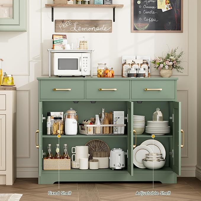 HOSTACK Modern Farmhouse Buffet Sideboard Cabinet, Barn Doors Storage Cabinet with Drawers and Shelves, Wood Coffee Bar with Storage for Dining Room, Kitchen, Living Room, Green