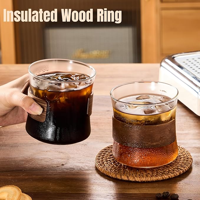 PARACITY Espresso Cups Set of 2 with Wooden Ring, 14 OZ High Borosilicate Espresso Shot Glass, Clear Small Expresso Shots Cup, Espresso Accessories