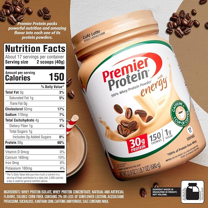 Premier Protein Powder, Café Latte, 30g Protein, 95mg Caffeine for Energy, No Added Sugar, 100% Whey Protein, Keto Friendly, Soy & Gluten Free, 23.9 oz (17 Servings)