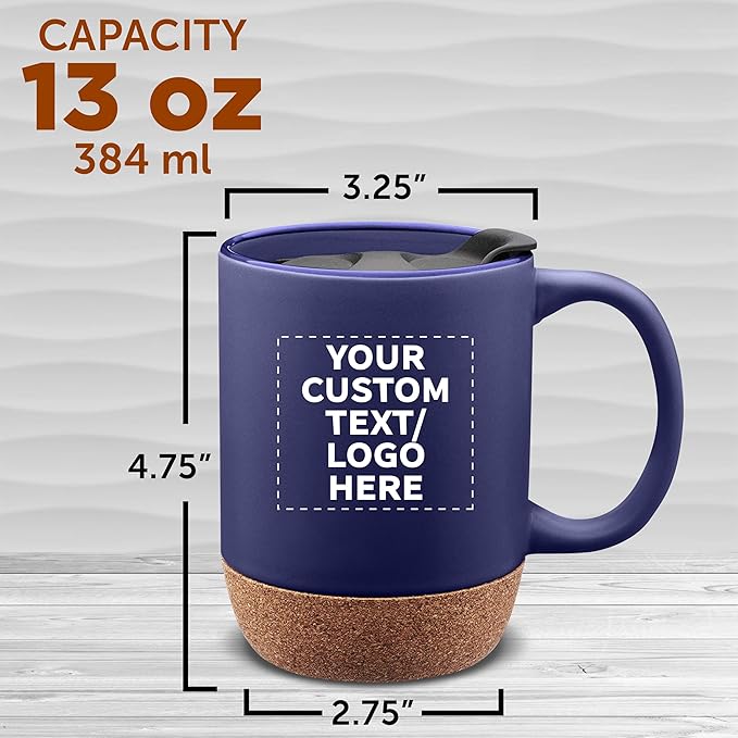 Custom Barista Ceramic Mugs with Cork Bottom 13 oz Set of 12/36/72 Personalized Bulk Pack Perfect for Coffee Tea Espresso Hot Cocoa Other Beverages - Blue