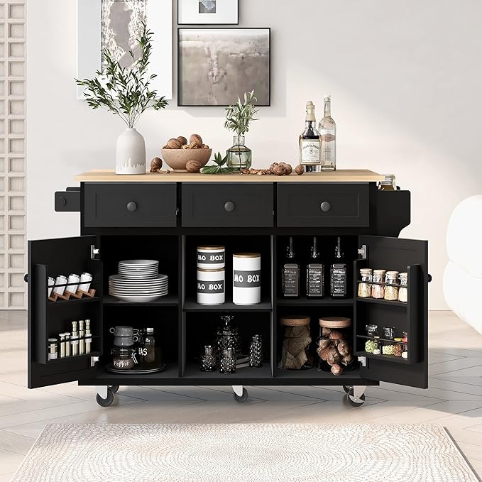 Yayzy Rolling Kitchen Island with Drop Leaf, Cabinet Door Storage Racks & 3 Drawers, Mobile Kitchen Cart with Rubberwood Top & Locking Wheels for Dining Room & Kitchen, 53-Inch, Black