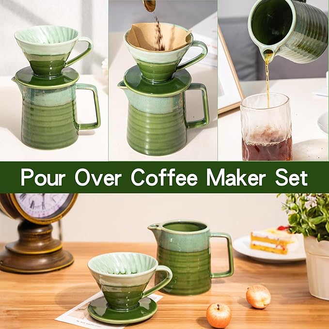 Topadorn Pour Over Coffee Maker Set, 13 Oz Ceramic Coffee Maker & Pour Over Coffee Dripper, Reusable Drip Coffee Maker for Café Restaurant Home Camping, Green