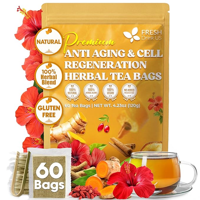 FreshDrinkUS, Premium Harmony Herbal Tea | 60 Tea bags | 100% Natural Turmeric, Hibiscus, Ashwagandha, Goji Berry, Reishi, Cinnamon & Orange Peel – Naturally Aromatic Caffeine-Free Tea