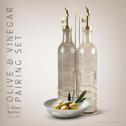 COOK WITH COLOR Glass Olive Oil Bottle Dispenser - 2 Pack- 17oz Oil and Vinegar Cruet - Olive Oil Carafe Decanter for Kitchen, Champagne Bubbles, Brown