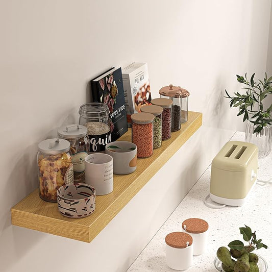 Floating Shelves for Wall, 36" W x 8" D x 1.5" H, Wooden Wall Mounted Display Shelves with Invisible Brackets for Living Room, Bedroom, Bathroom, Kitchen Decor and Storage, Set of 2, Oak