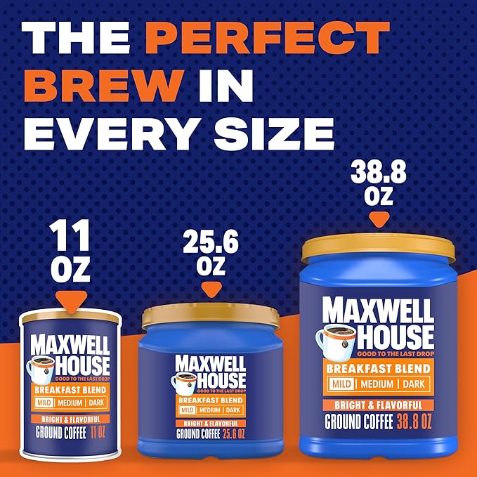 Maxwell House Breakfast Blend Ground Coffee, Light Roast, 11 Ounce Canister