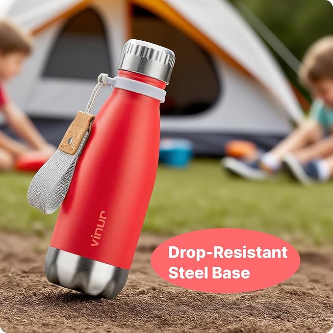 VINUR Kids Water Bottle-9 oz Stainless Steel Double Wall Vacuum Insulated Water Bottle for School-Cola Shape Flask with Carry Rope, Canyon Red