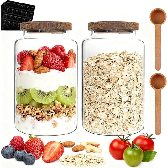 Glass Storage Jar with Lids Spoon Labels Round Glass Coffee Canister Borosilicate Glass Food Containers for Ground Spice Cookies Pasta Sugar Tea (2800ml/94oz-2 pack-with spoon)