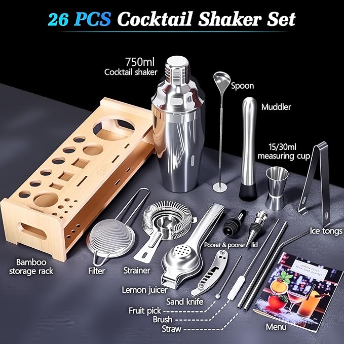 JUSTDOMI 26-Piece Cocktail Shaker Set with Stand Stainless Steel Bartender Kit, Bar Tool Set Bartender Accessories, Cocktails Kit with Muddler for Bar Accessories, Home, Party Cafe Drinks-Style2