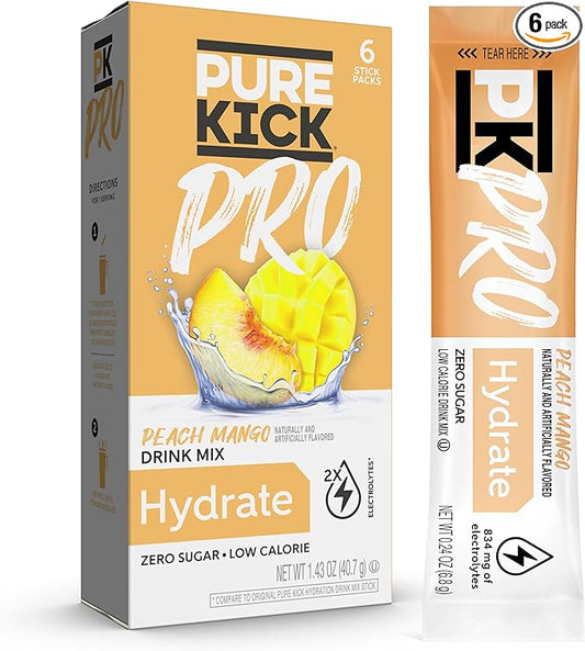 PURE KICK PRO Hydration Electrolyte Drink Mix, Peach Mango, Includes 1 Box with 6 Packets in Each Box