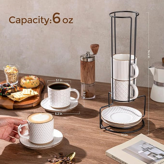 GBhome 6OZ Stackable Coffee Mugs with Stand and Saucer, Ceramic Coffee Mugs Set of 4 with Texture Patterns for Man,Woman,Dad,Mom, Modern Coffee Cups for Latte/Espresso. Dishwasher&Microwave Safe