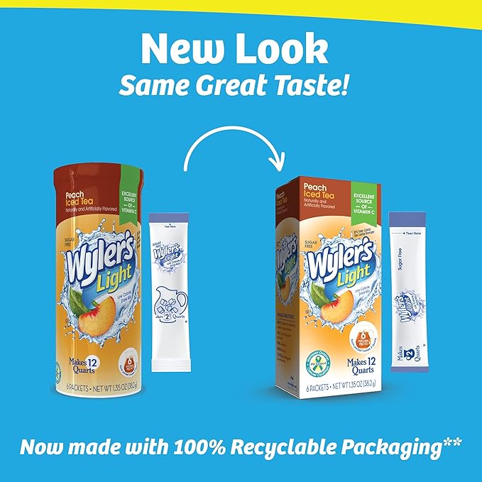 Wyler's Light Pitcher Packs, Water Drink Mix,Peach Iced Tea,6 Pitcher Packets (Pack of 2)