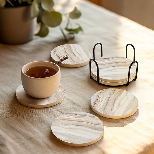 VEYRO Ceramic Coasters Set of 6 – Absorbent Stone Drink Coasters with Holder, Non-Slip Cork Backing, Modern Marble Look Coasters for Coffee Table, Desk & Home Decor