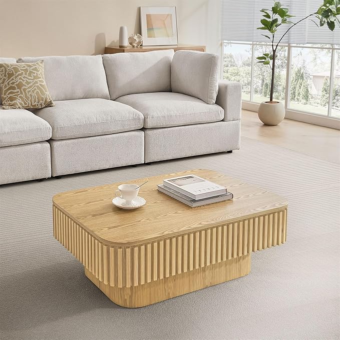 SZTHHDF Lift Top Coffee Table for Living Room,Rectangle Handmade Solid Wood Strips, Fluted Coffee Table with Hidden Storage Compartment Small Space Office Apartment (38.6" L×26.8''W×13.8''H-Natural)