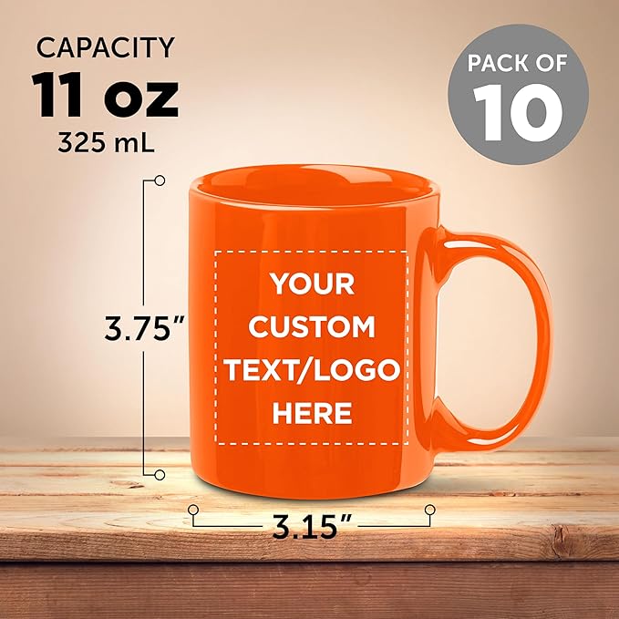 Custom Ceramic Coffee Mugs 11 oz. Set of 10, Personalized Bulk Pack - Coffee cup set, Iced coffee cup, Gaming mug - Princeton Orange