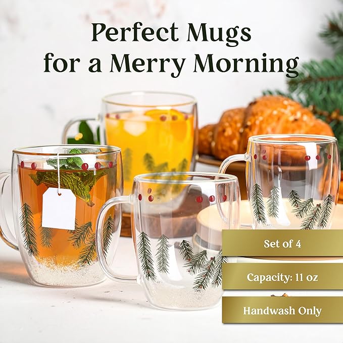 Gusto Buono Christmas Double Wall Glass Mugs Set of 4, 11 oz Borosilicate Coffee Tea Mugs, 12 cm Clear Insulated Glass with Christmas Design Inside, Italian Crafted Winter Charm