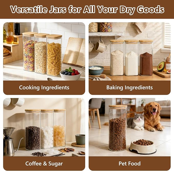 KEYWING 72oz Glass Spaghetti Pasta Storage Containers with Lids, 3-Pack Tall Square Airtight Food Jars for Pantry Noodles Flour Oats Cereal Sugar Beans