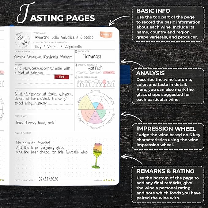 Clever Fox Wine Journal for Wine Tasting – Guided Wine Diary & Log Book with Tasting Instructions, Aroma Wheel, Food Pairing & Glass Guide – 132 Entries, Hardcover, A5 Size (Mystic Blue)