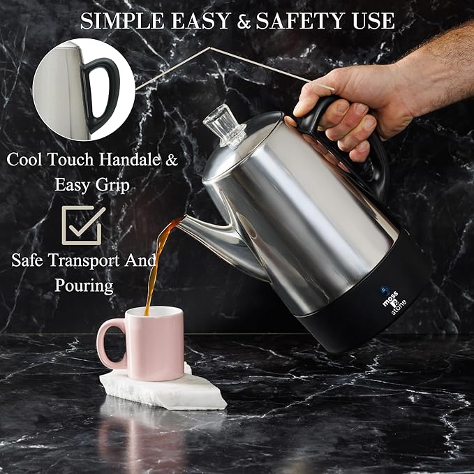 Moss & Stone Percolator Coffee Pot Electric 10 Cup, Stainless Steel Coffee Maker. With Keep Warm Function, 10 Cups Stainless Steel Percolator With Coffee Basket