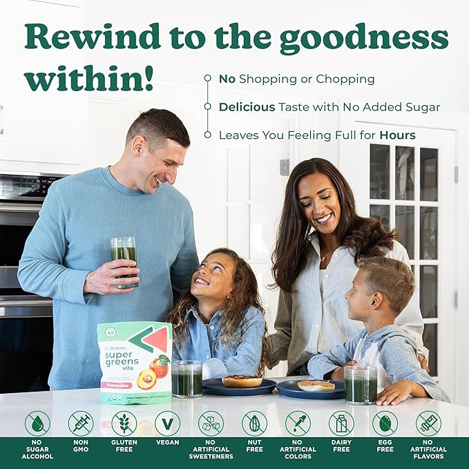 Rewind Best Tasting Super Greens Powder with 40+ Superfoods – Delicious Daily Green Powder with Vitamin B12, Zinc, Vitamin C, Magnesium & Calcium – Green Juice Superfood Mix - Pineapple Flavor