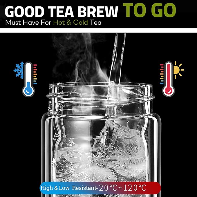 Tea Tumbler with Infuser, 12oz Double Wall Borosilicate Glass Tea Bottle, 350ml Leak-Proof with Stainless Steel Filter