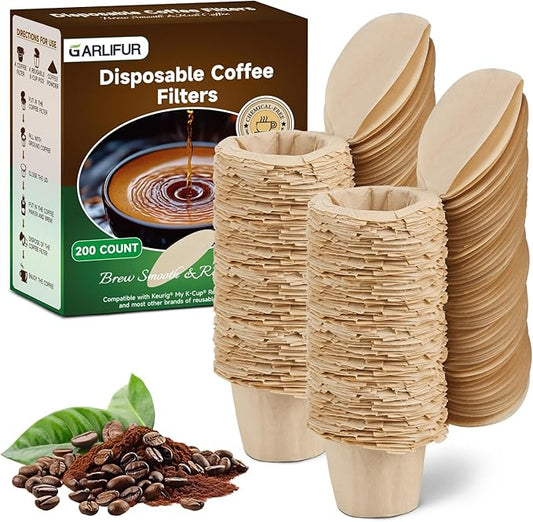 Disposable K Cup Filters with Lid, Coffee Filter Paper for Brewers Single Serve 1.0 and 2.0, Use with Reusable K Cup Pods (Natural, 200 Count)