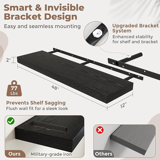 Marsmiles 12" Deep Floating Shelves for Wall with Invisible Brackets, Wall Mounted Engineered Wood Shelves with Wood Grain for Living Room, Bedroom, Kitchen Decor and Storage, 48" L Set of 1, Black