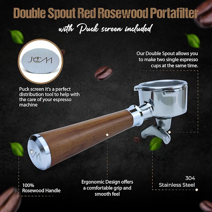 54mm Double Spout Portafilter 3 Ears Red Rosewood - Compatible with Breville espresso machines Includes 18g Filter Basket & 1.7mm Puck Screen